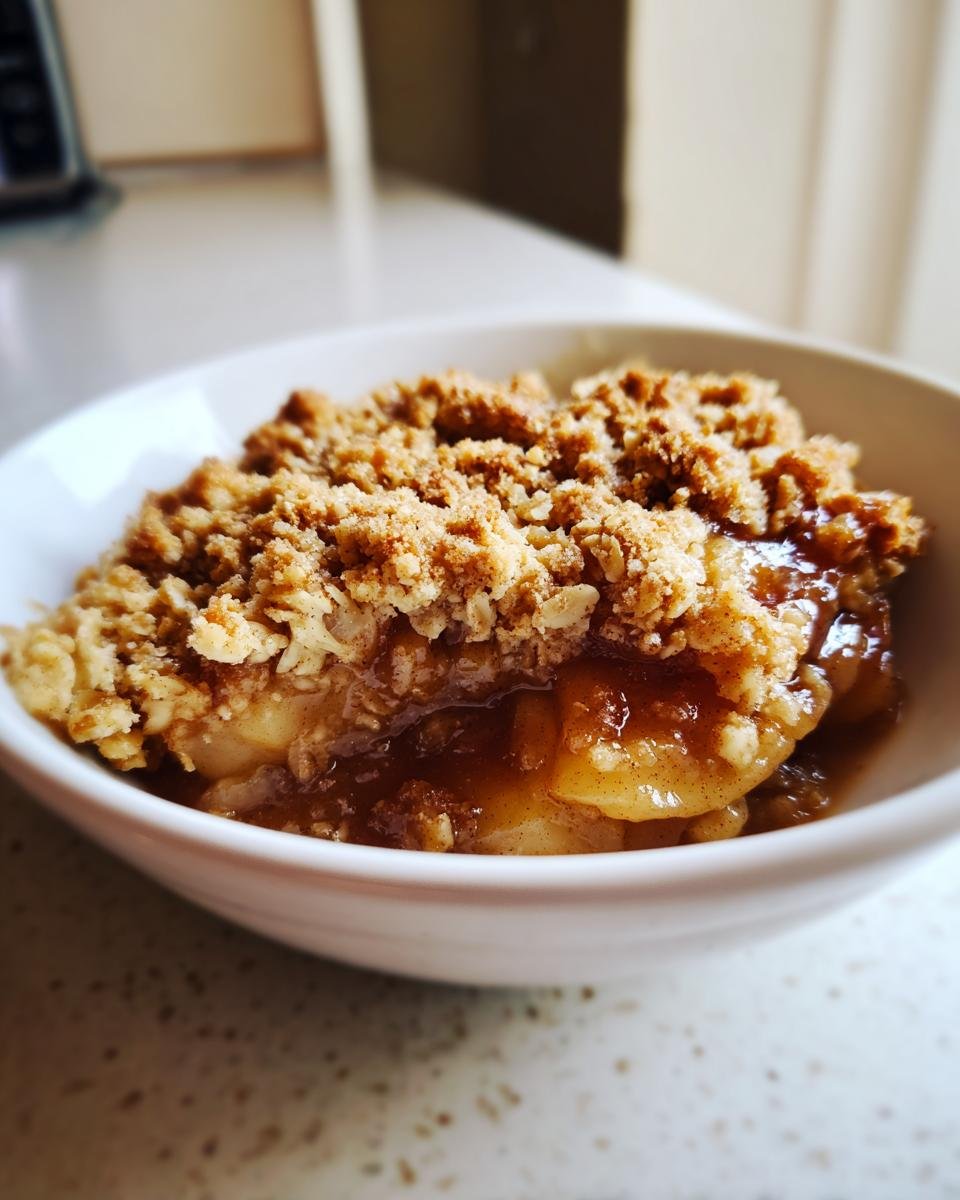 Close-up of a serving of Vegan Gluten Free Apple Crisp with a thick, crumbly topping and gooey apple filling.