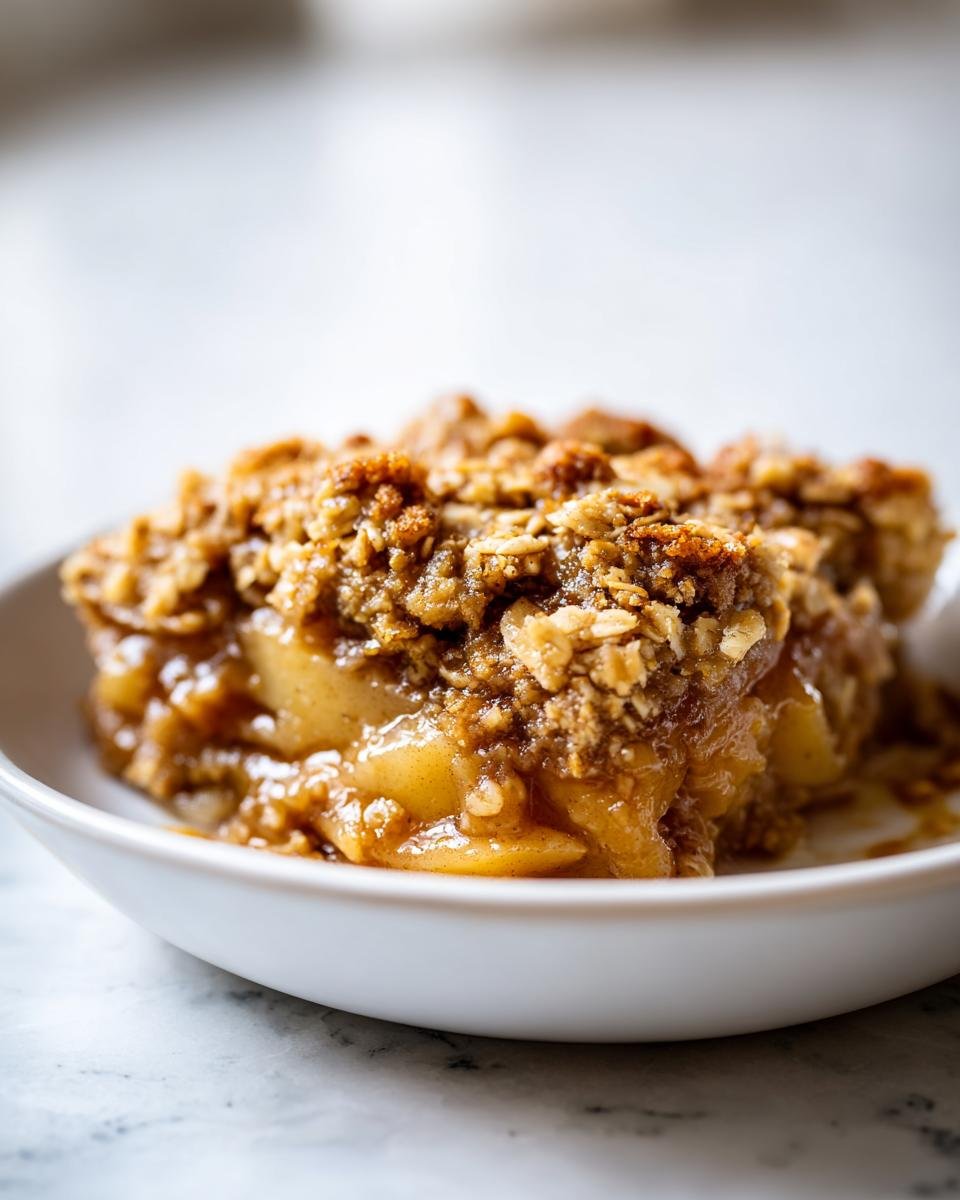 Close-up of a warm serving of Vegan Gluten Free Apple Crisp with caramelized apples and oat topping in a white bowl.
