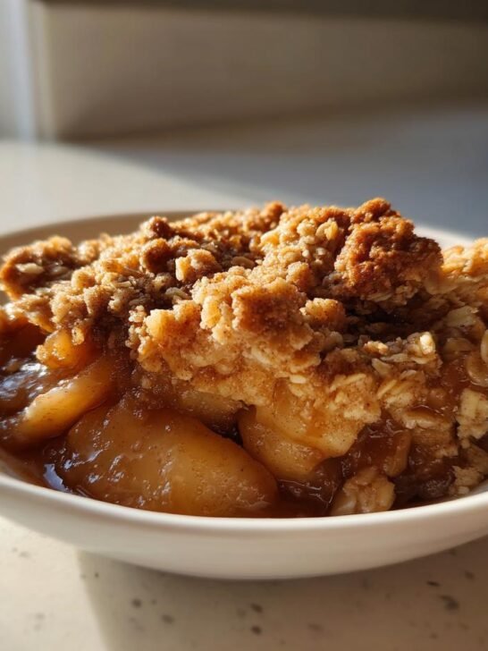 A close-up of a serving of warm Vegan Gluten Free Apple Crisp with a crumbly oat topping in a white bowl.