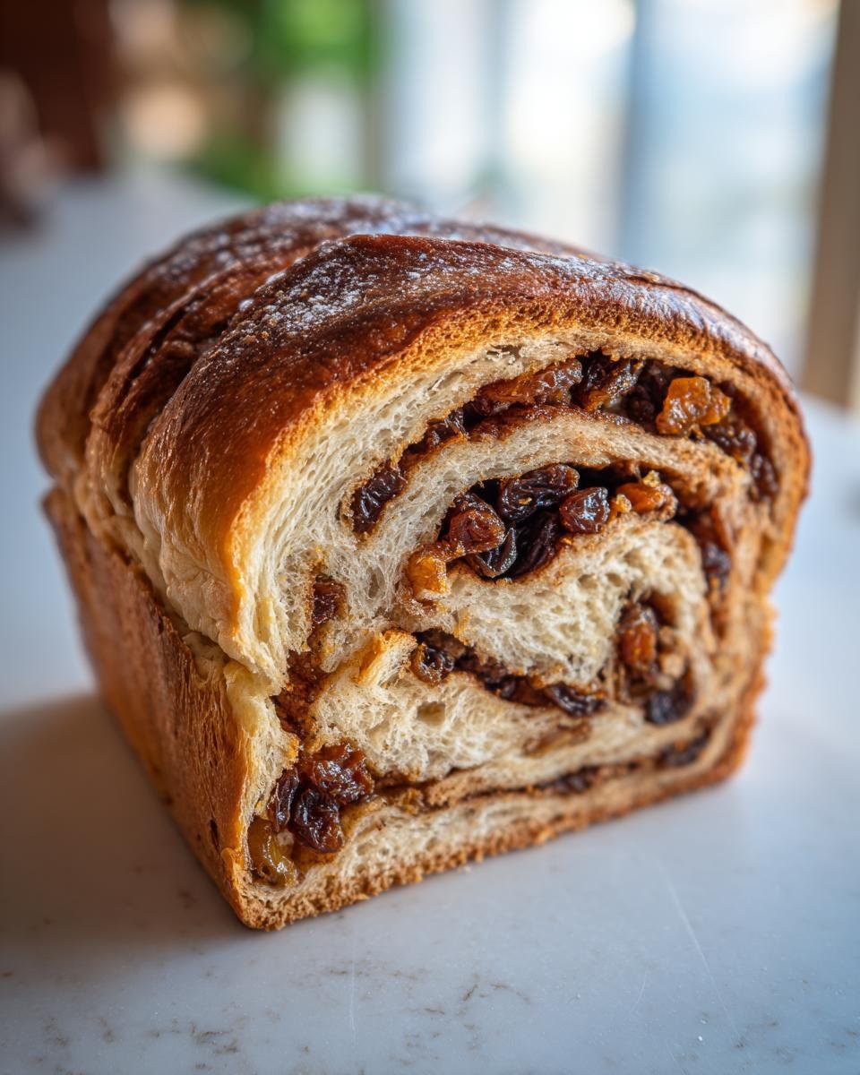 Close-up of a loaf of Vegan Homemade Cinnamon Raisin Bread showing the swirl of cinnamon filling and plump raisins.