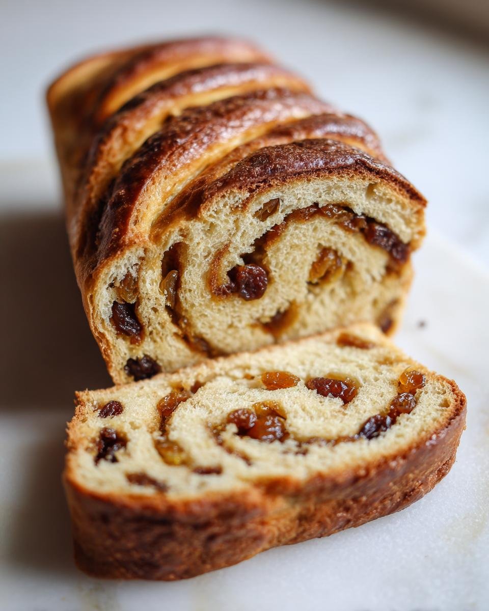 A close-up of a sliced loaf of Vegan Homemade Cinnamon Raisin Bread showing the swirl of cinnamon and raisins inside.