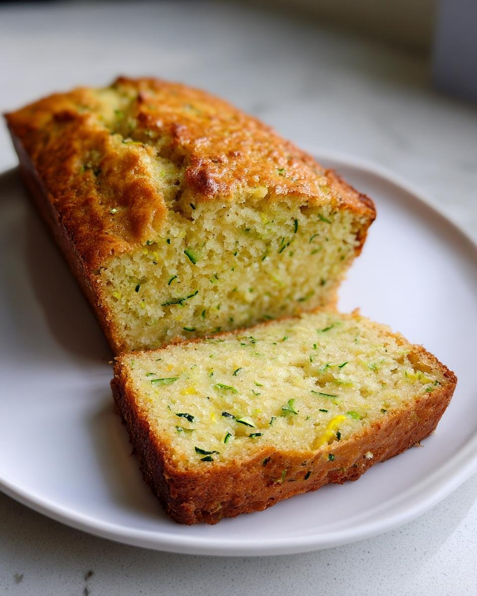 A moist loaf of Vegan Lemon Zucchini Bread, partially sliced on a white plate, showing visible shreds of green zucchini.