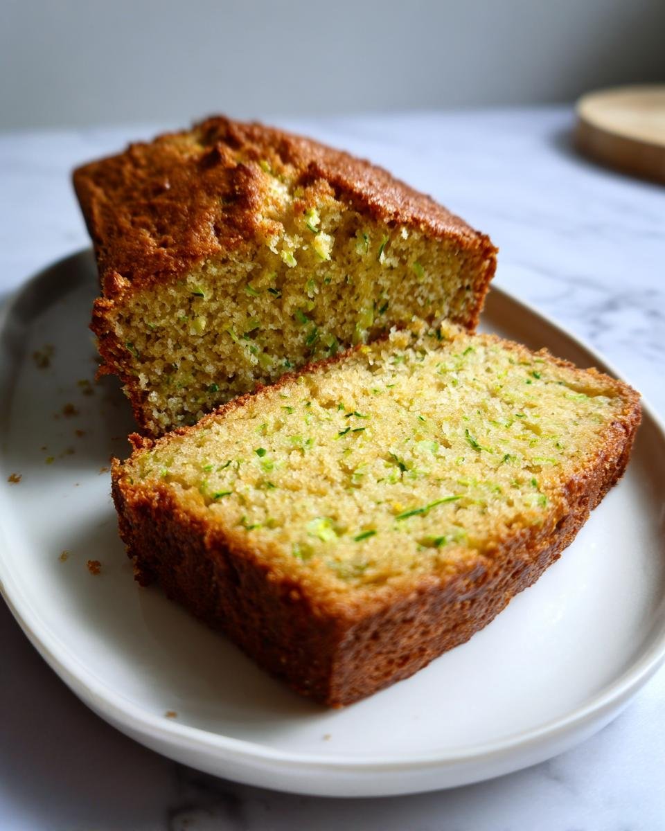 A close-up of a moist slice cut from a loaf of Vegan Lemon Zucchini Bread, showing green zucchini shreds.