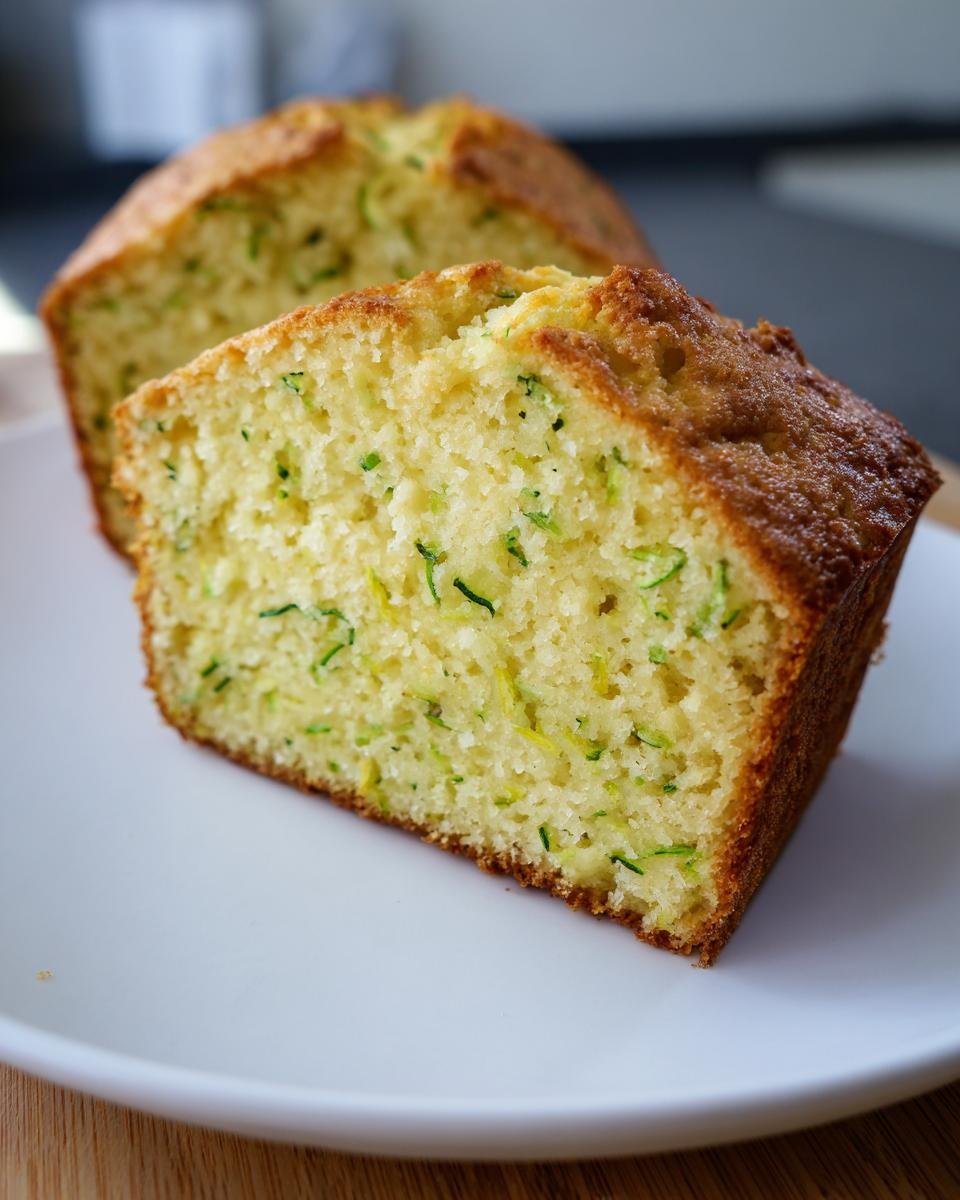Close-up of a moist slice of Vegan Lemon Zucchini Bread showing flecks of green zucchini.