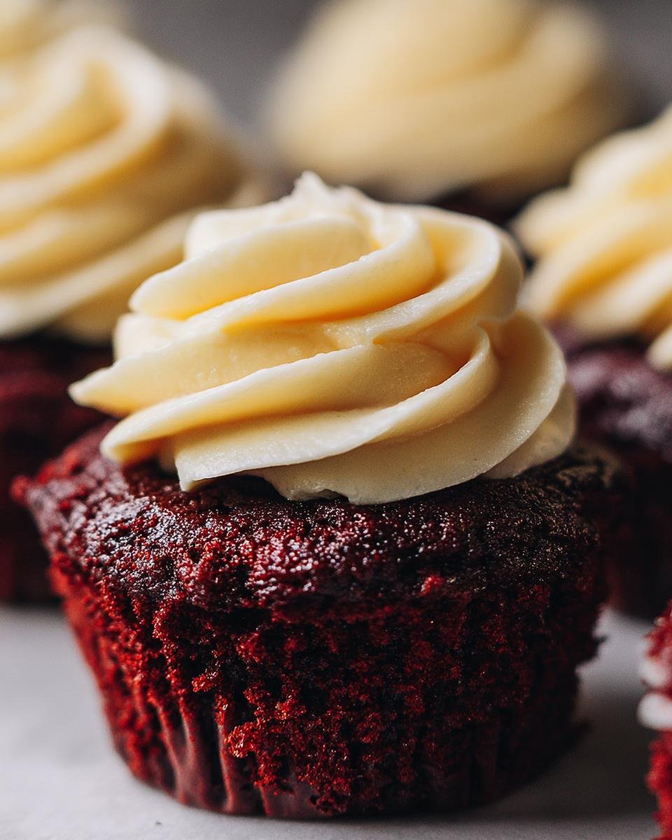 Close-up of a rich, dark red Vegan Red Velvet Cupcakes topped with a swirl of pale yellow Bourbon Vanilla Buttercream.