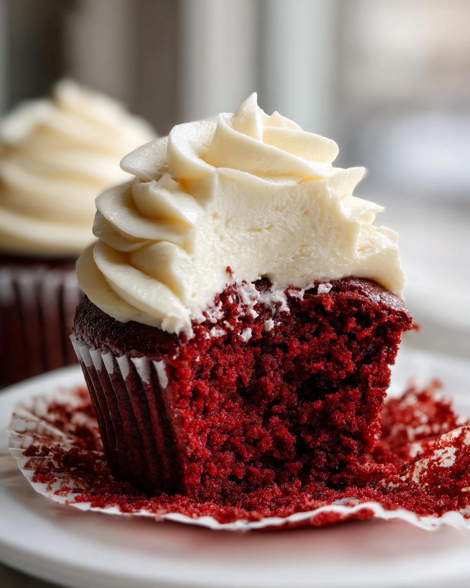 A close-up of a Vegan Red Velvet Cupcakes with a bite taken out, showing rich red cake and thick Bourbon Vanilla Buttercream.