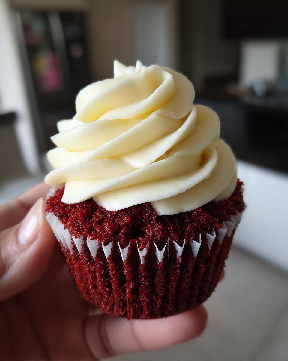 A hand holds a single, vibrant red Vegan Red Velvet Cupcakes Bourbon Vanilla frosted treat.