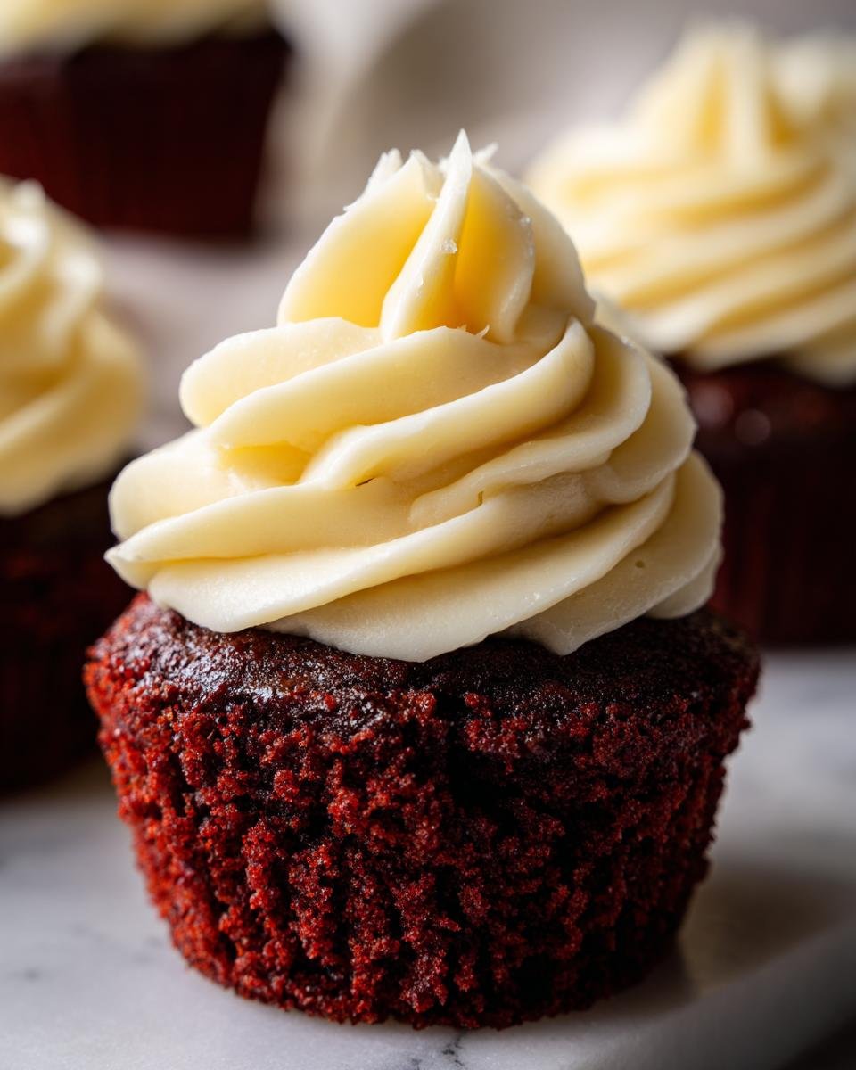 Close-up of a rich red velvet cupcake topped with high swirl of creamy Bourbon Vanilla Buttercream frosting.