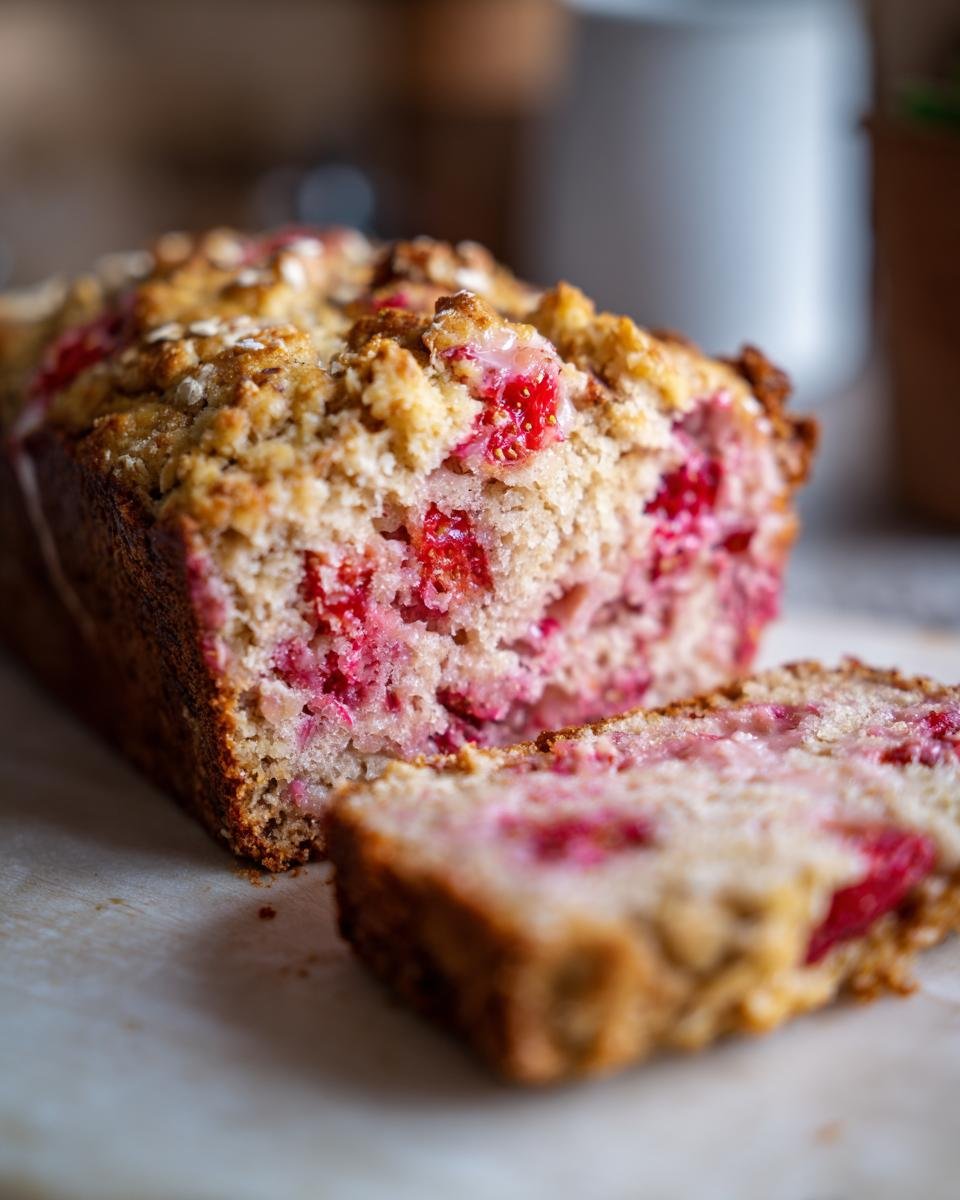 A close-up of a sliced Vegan Strawberry Cake With Oatmeal loaf, showing moist crumb and fresh strawberries.
