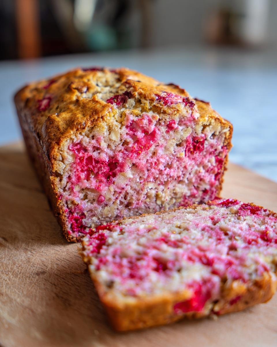 A sliced loaf of vegan strawberry cake with oatmeal, showcasing vibrant pink strawberries and oats.