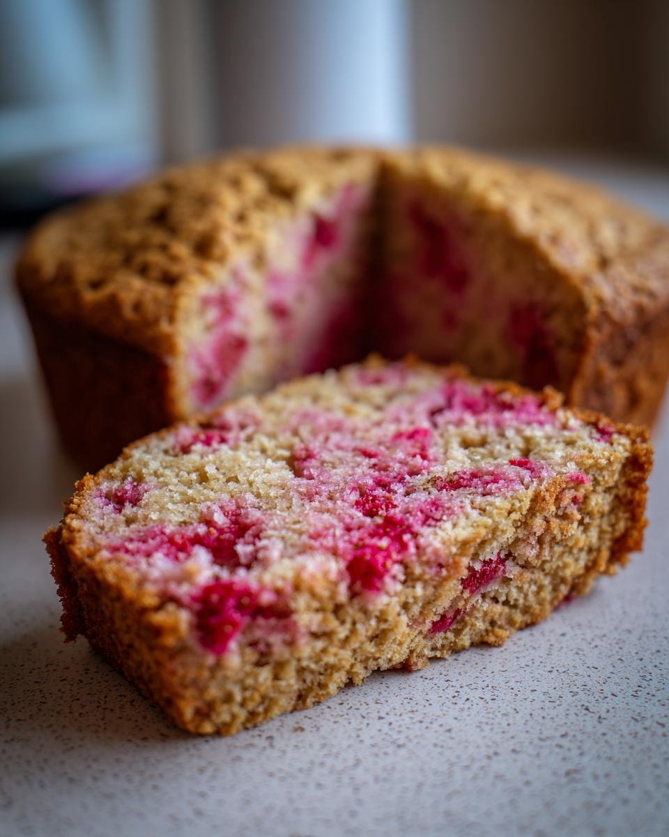 Close-up of a slice of Vegan Strawberry Cake With Oatmeal, showing the texture and pink strawberry pieces.