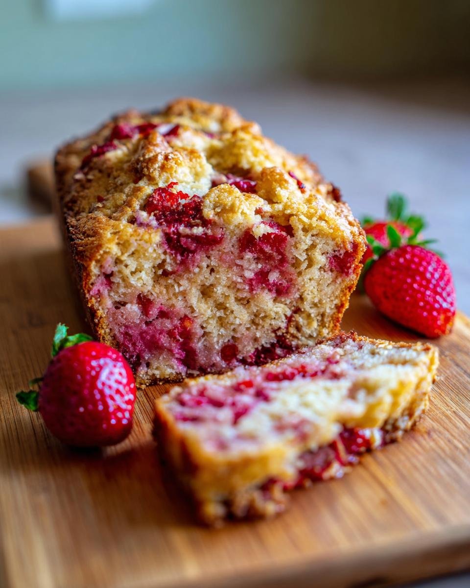 A slice of moist vegan strawberry cake with oatmeal, studded with fresh strawberries, on a wooden board.
