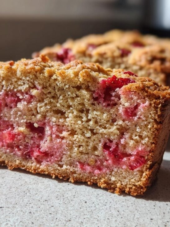 A close-up of a slice of vegan strawberry cake with oatmeal, showing visible strawberries throughout the crumb.