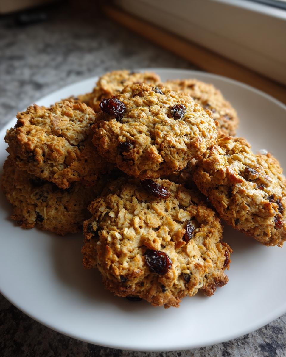 A stack of golden brown Vegan Superfood Breakfast Cookies studded with dark raisins on a white plate.