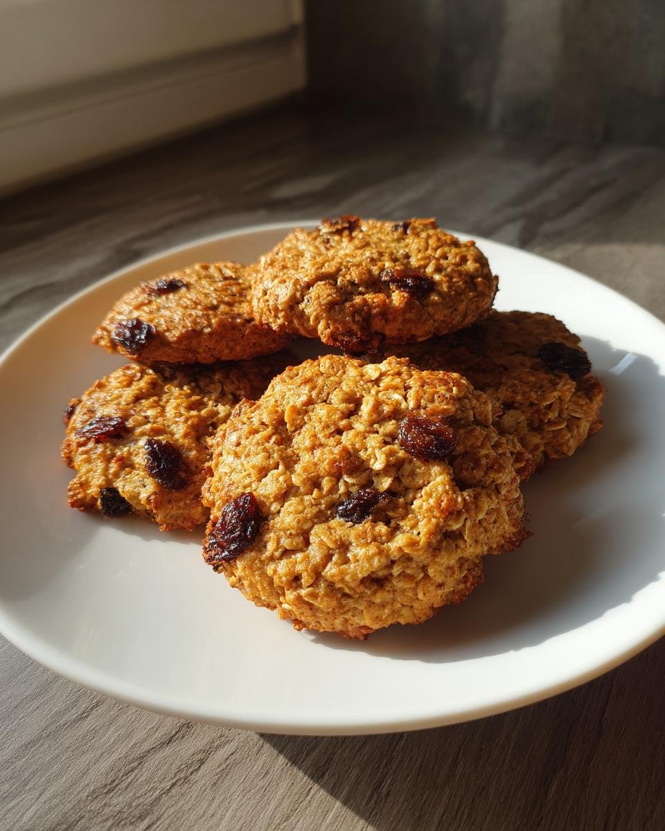 A stack of golden brown Vegan Superfood Breakfast Cookies studded with dark raisins, resting on a white plate.