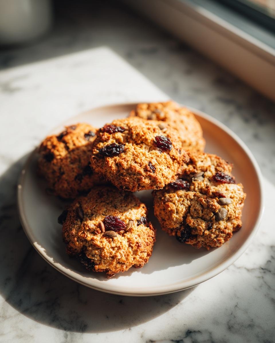 A plate holding several golden Vegan Superfood Breakfast Cookies studded with dark raisins and pumpkin seeds.