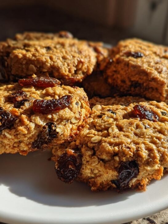 A stack of golden brown Vegan Superfood Breakfast Cookies studded with dark raisins, resting on a white plate.