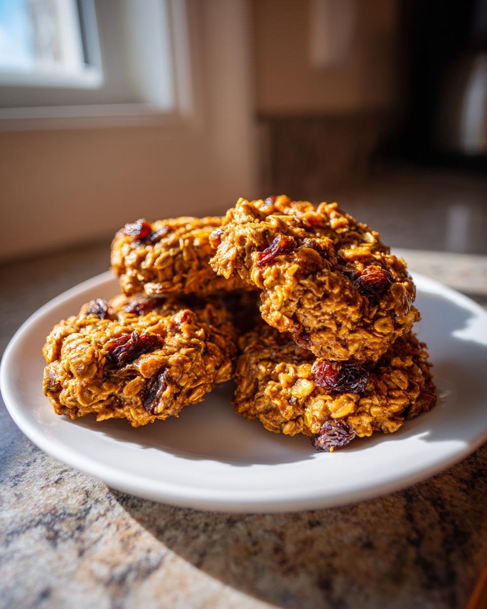 A stack of four golden Vegan Superfood Breakfast Cookies studded with dried cranberries on a white plate.