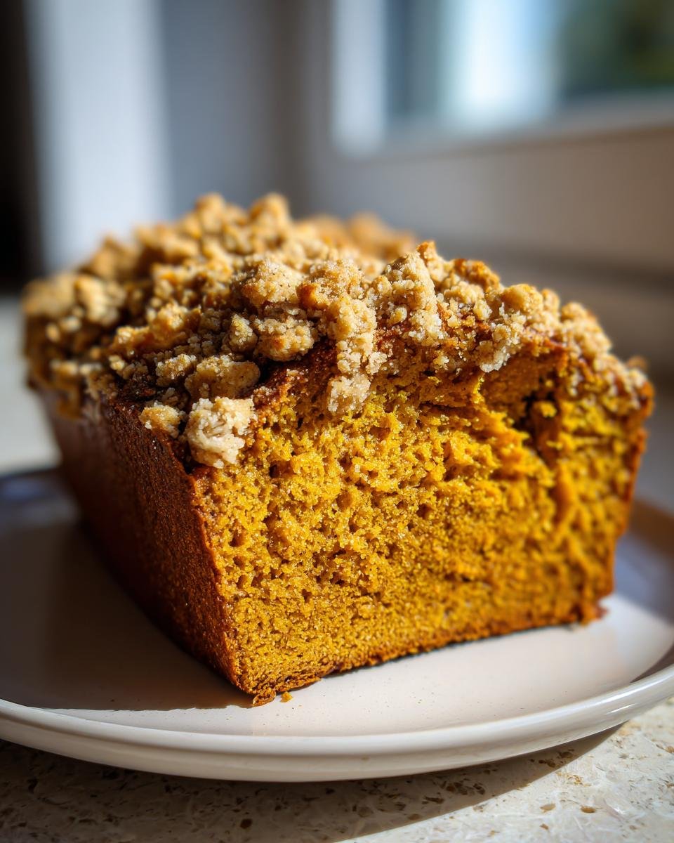 Close-up of a moist slice of Vegan Sweet Potato Crumble Bread with a thick, crunchy topping.