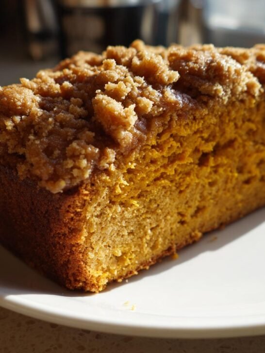 A close-up of a thick slice of moist Vegan Sweet Potato Crumble Bread with a generous brown sugar topping.