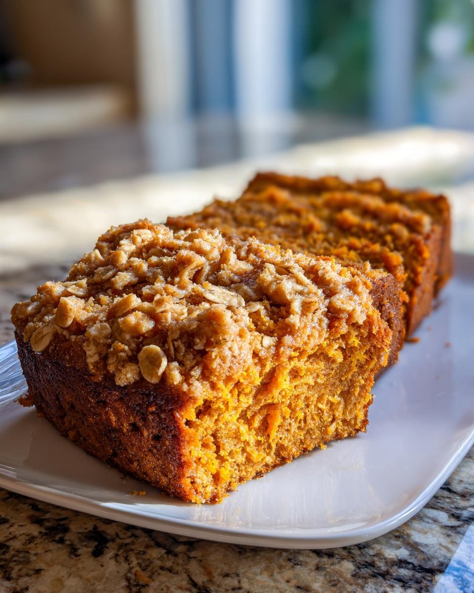 Three slices of bright orange Vegan Sweet Potato Crumble Bread with a thick oat crumble topping.