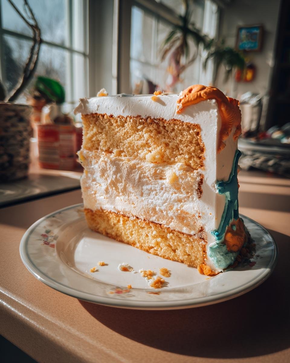 A slice of vegan vanilla dinosaur birthday cake with white frosting and dinosaur decorations.