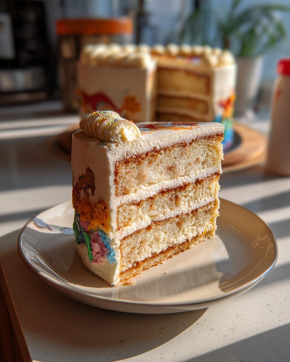 A slice of vegan vanilla dinosaur birthday cake with four layers of cake and frosting, decorated with dinosaur imagery.