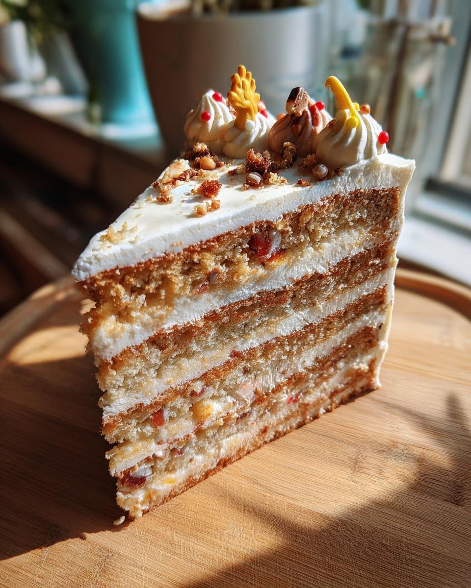 A slice of vegan vanilla dinosaur birthday cake with multiple layers of cake and frosting, topped with decorative swirls and sprinkles.