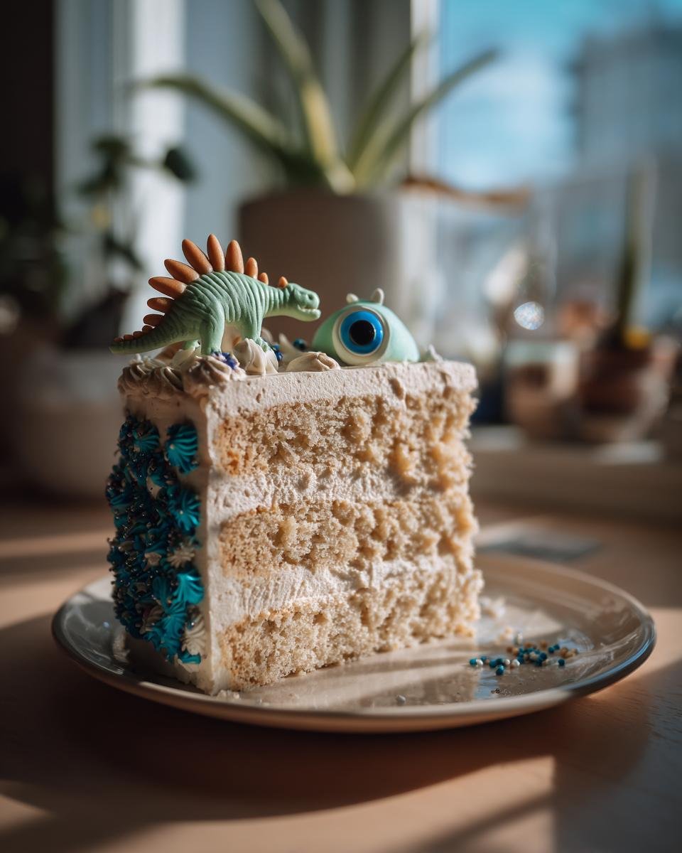 A slice of vegan vanilla dinosaur birthday cake with dinosaur and monster decorations on top.