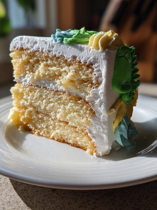 A slice of vegan vanilla dinosaur birthday cake with white frosting and green dinosaur decorations.