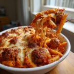 A fork lifts a cheesy portion from a Weeknight Baked Meatball Penne Pasta Casserole GF, showing long cheese pulls.