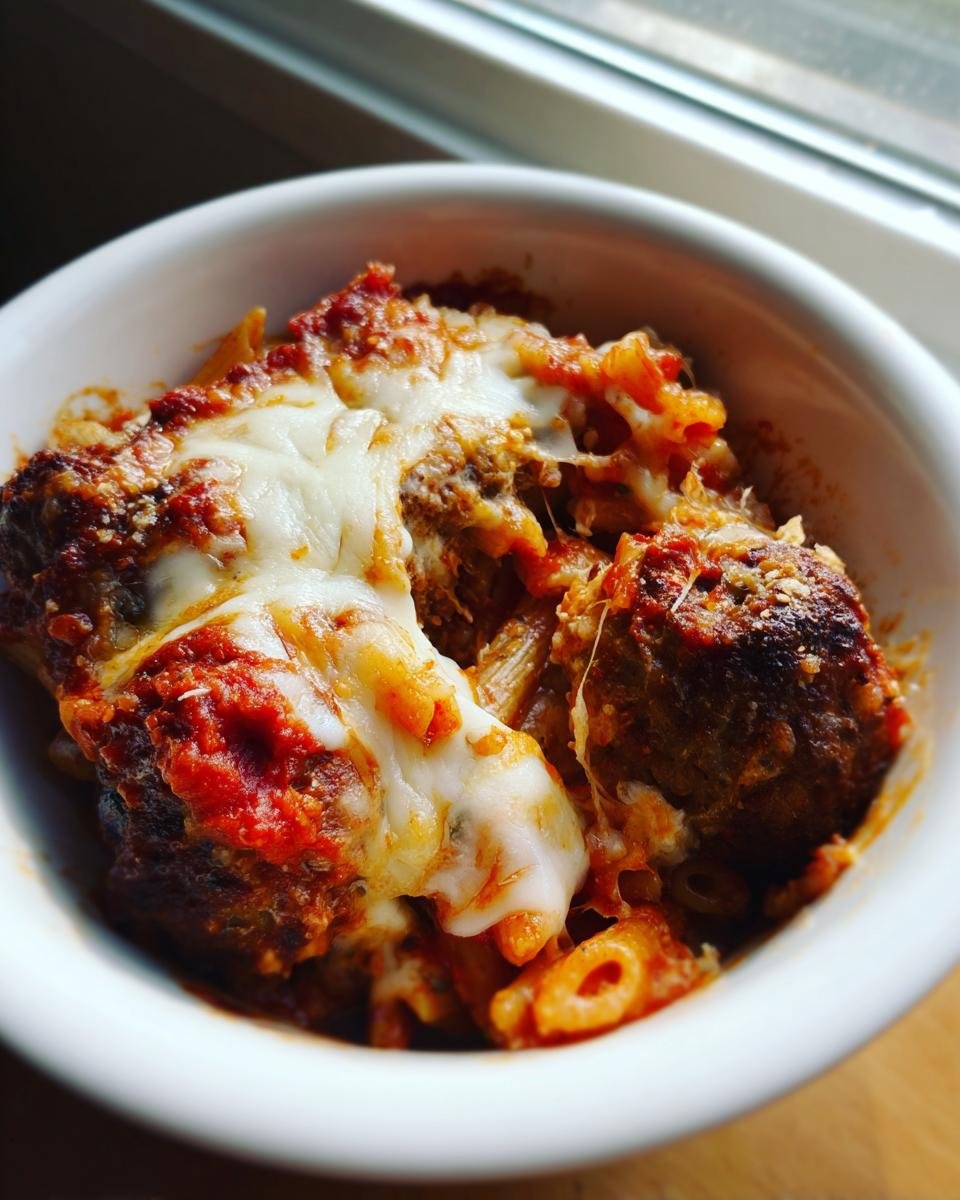 Close-up of a single serving of Weeknight Baked Meatball Penne Pasta Casserole Gluten Free topped with melted mozzarella cheese.