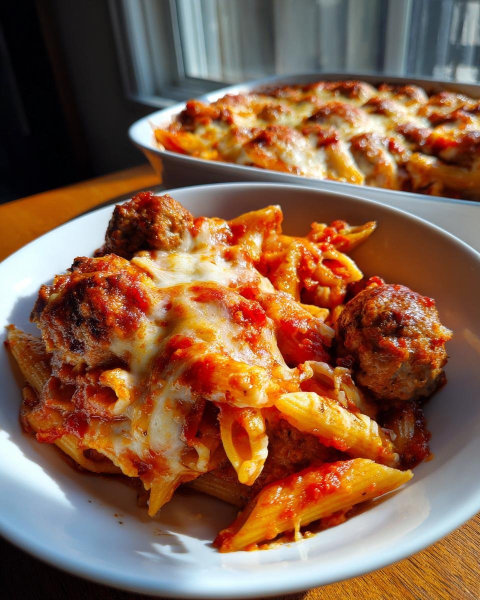 A close-up bowl of Weeknight Baked Meatball Penne Pasta Casserole Gluten Free topped with melted cheese.