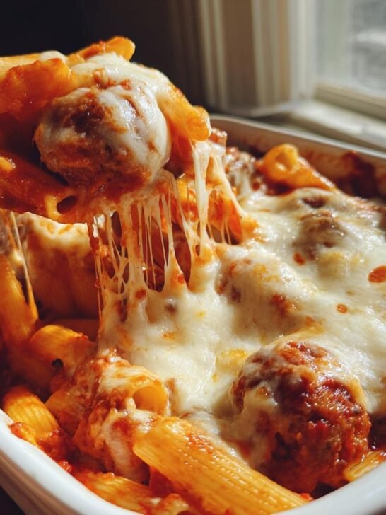 A fork lifts a cheesy portion of Weeknight Baked Meatball Penne Pasta Casserole Gluten Free, showing melted mozzarella strings.