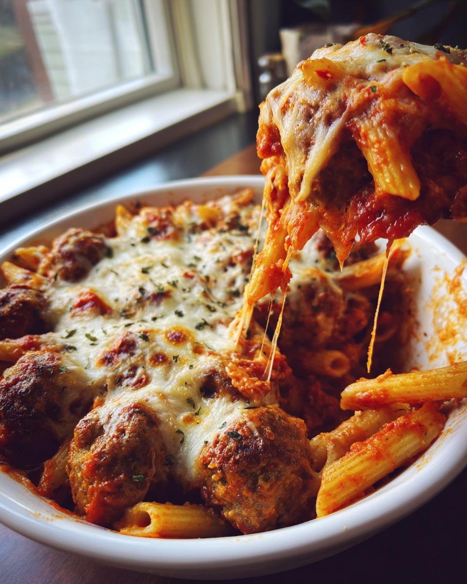 A serving spoon lifts a cheesy portion of Weeknight Baked Meatball Penne Pasta Casserole Gluten Free with long cheese pulls.