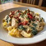A bowl of Weeknight Creamy Tuscan Chicken Pasta featuring wide noodles, chicken pieces, spinach, and sun-dried tomatoes.