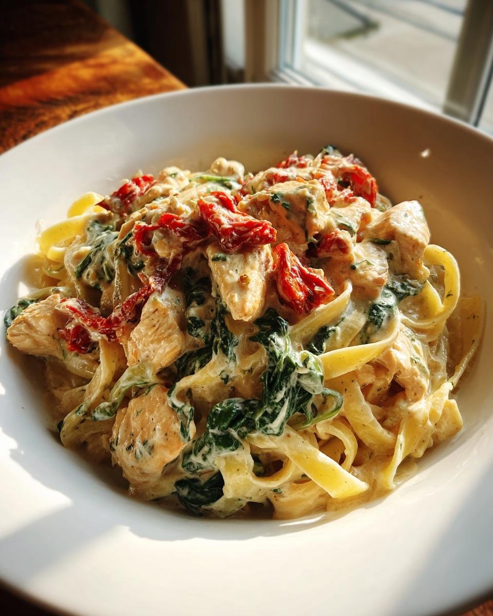A close-up of Weeknight Creamy Tuscan Chicken Pasta in a white bowl, featuring fettuccine, chicken, spinach, and sun-dried tomatoes.