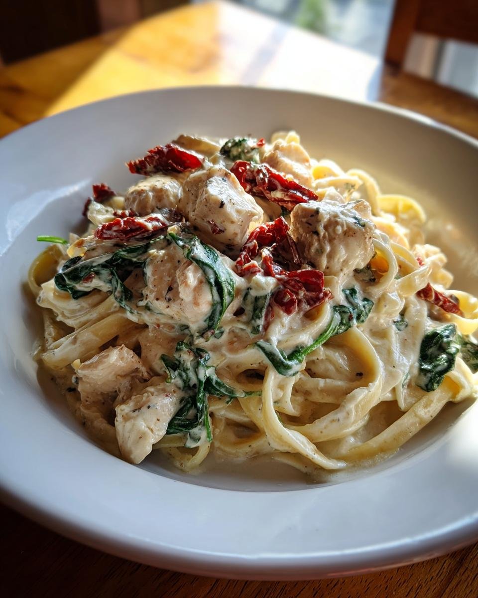 A close-up of Weeknight Creamy Tuscan Chicken Pasta with fettuccine, chicken chunks, spinach, and sun-dried tomatoes.
