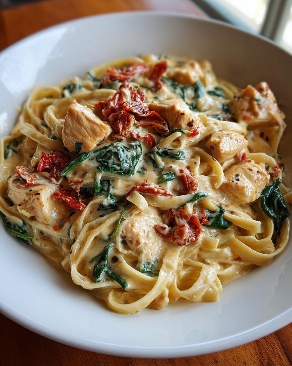 Close-up of Weeknight Creamy Tuscan Chicken Pasta featuring fettuccine, chicken chunks, spinach, and sun-dried tomatoes.