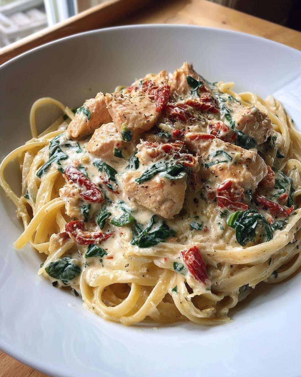 A close-up of Weeknight Creamy Tuscan Chicken Pasta featuring fettuccine, chicken chunks, spinach, and sun-dried tomatoes in a rich cream sauce.