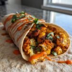 A Zesty Chili Lime Chickpea Cauliflower Wrap filled with roasted cauliflower and drizzled with sauce.