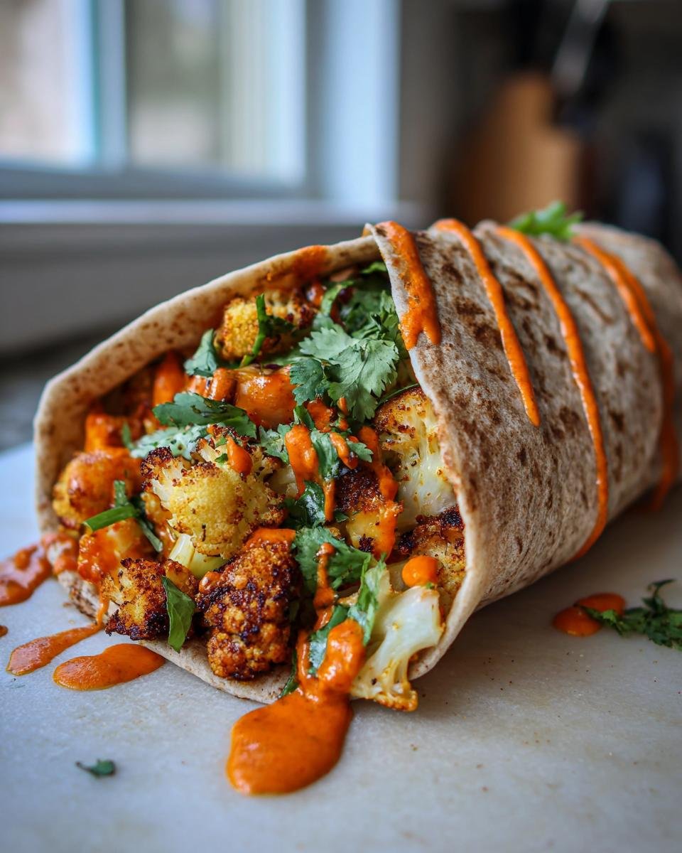 A delicious Zesty Chili Lime Chickpea Cauliflower Wrap filled with roasted cauliflower and drizzled with sauce.