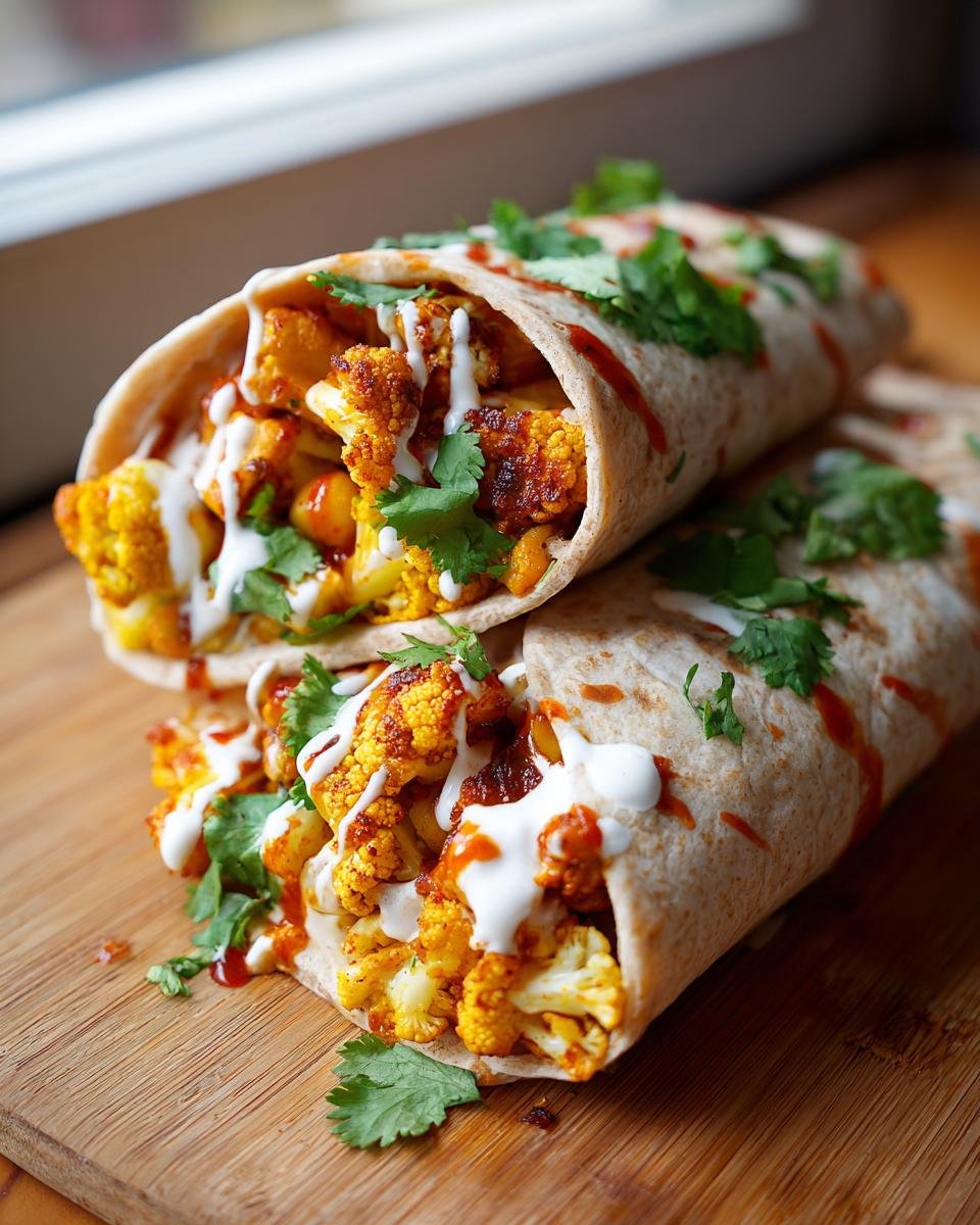 Two Zesty Chili Lime Chickpea Cauliflower Wraps drizzled with sauce and cilantro on a wooden board.