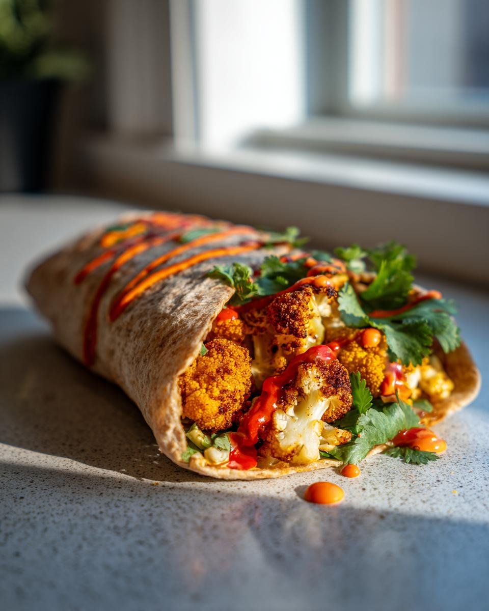 A Zesty Chili Lime Chickpea Cauliflower Wrap filled with roasted cauliflower and drizzled with sauce.