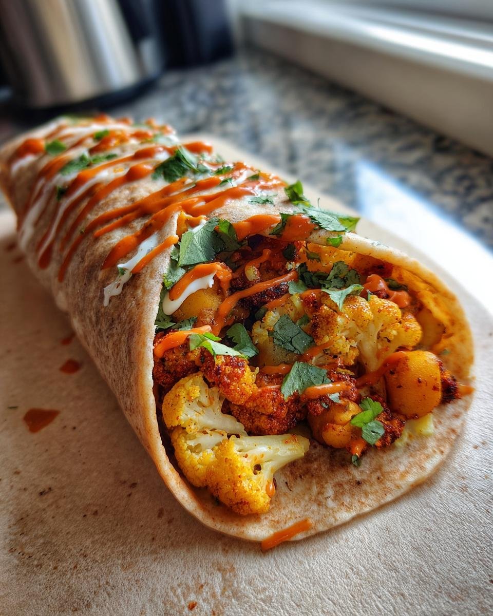 A close-up of a Zesty Chili Lime Chickpea Cauliflower Wrap, generously filled and drizzled with sauce and herbs.