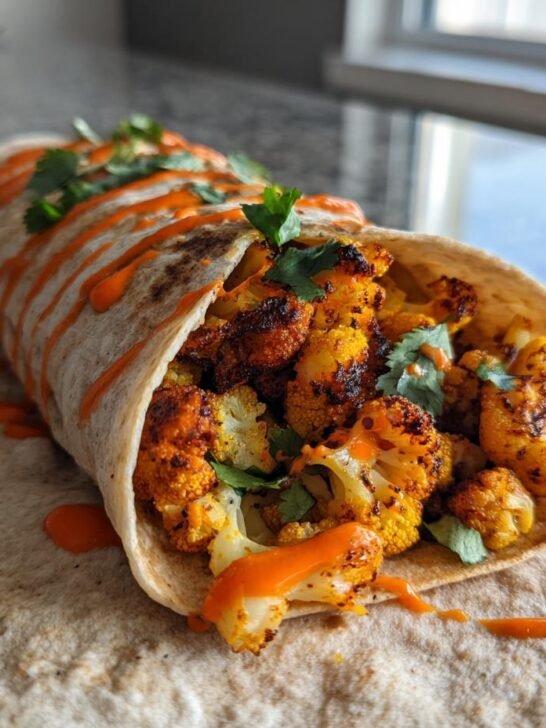 A Zesty Chili Lime Chickpea Cauliflower Wrap filled with roasted cauliflower and drizzled with sauce.