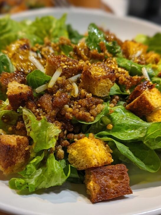 A close-up of a zesty salad with Asian dressing, featuring crisp lettuce, croutons, and a flavorful topping.