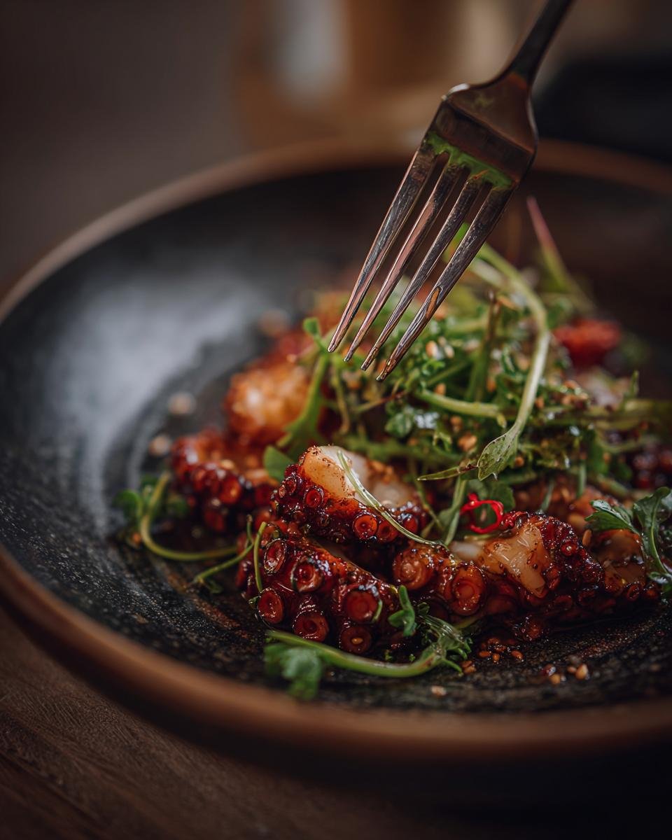 Close-up of a Zesty Salad With Asian Dressing featuring tender octopus tentacles and fresh greens.