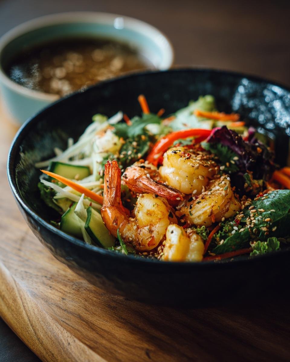 A close-up of a Zesty Salad With Asian Dressing, featuring grilled shrimp, fresh vegetables, and sesame seeds.
