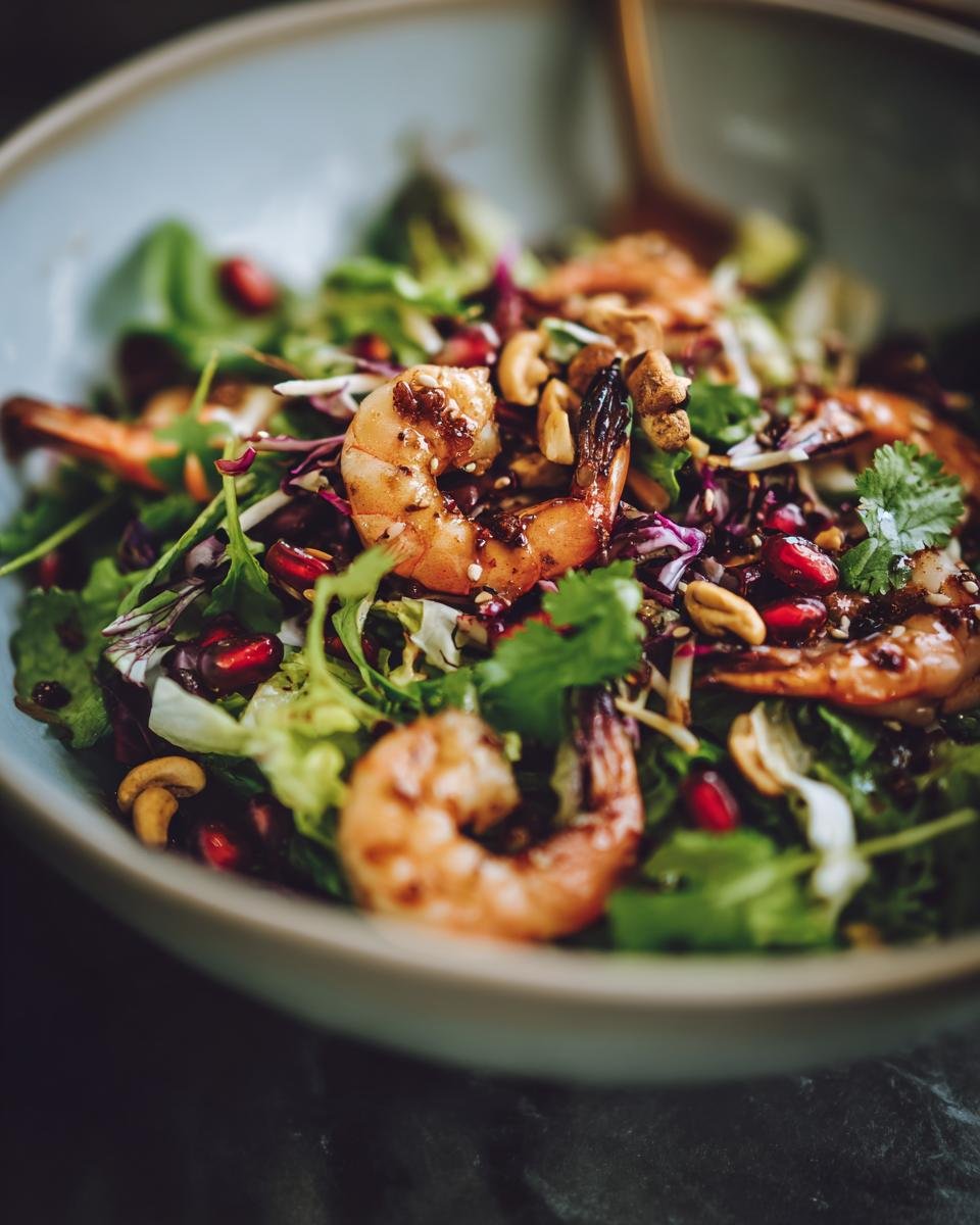 A close-up of a Zesty Salad With Asian Dressing, featuring grilled shrimp, pomegranate seeds, cashews, and fresh greens.